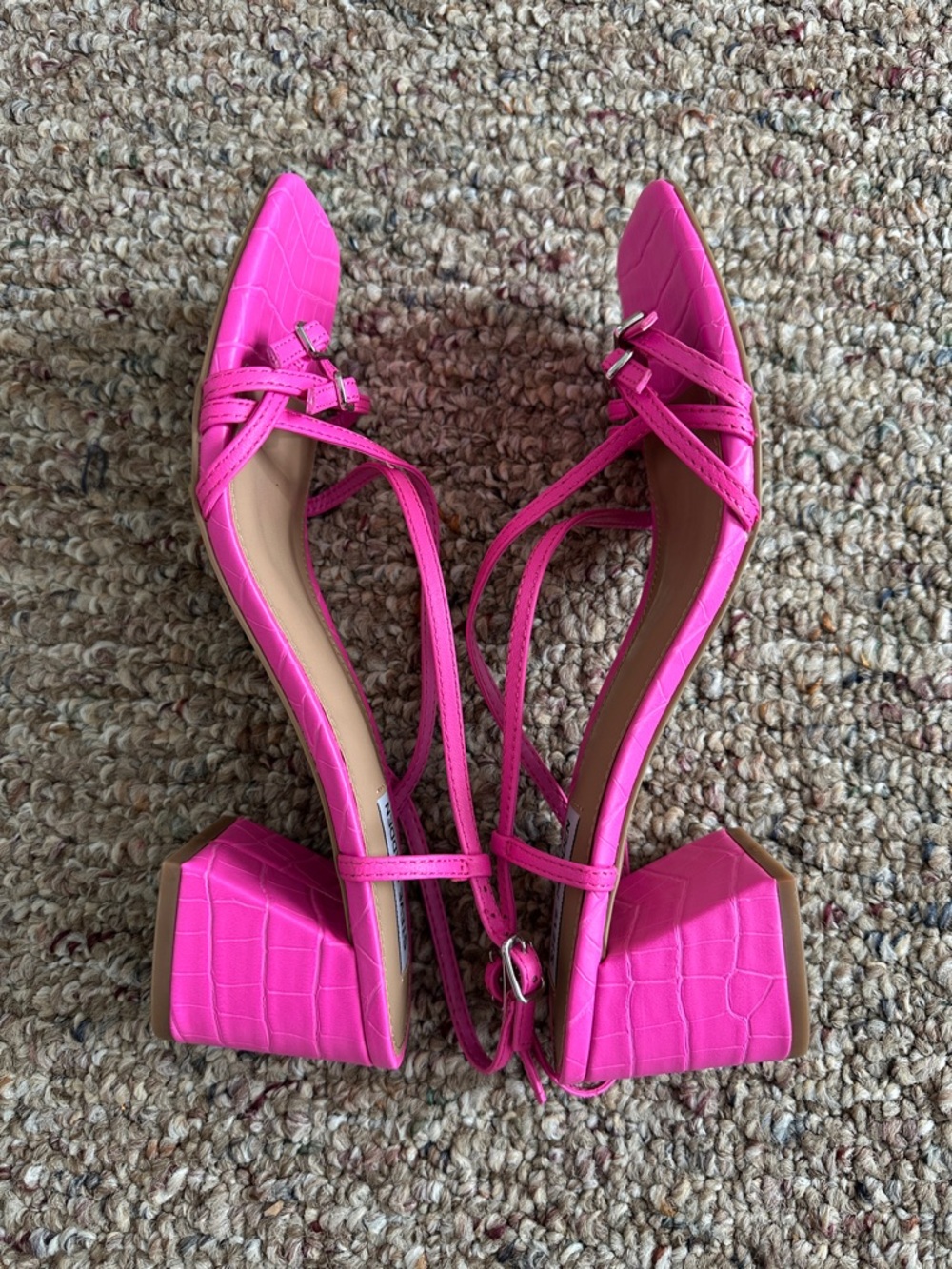 Steve Madden Bright Pink Croc-Textured Strappy Block Heel Sandals - Picture 6 of 6